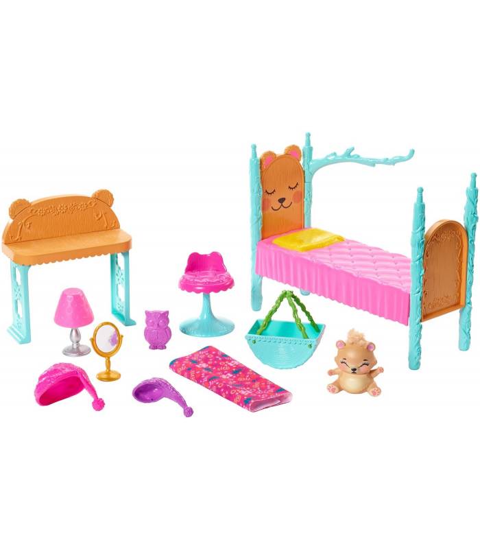 Enchantimals Bren Bear con mascota Snore en dormitorio mágico, muñeca con accesorios
